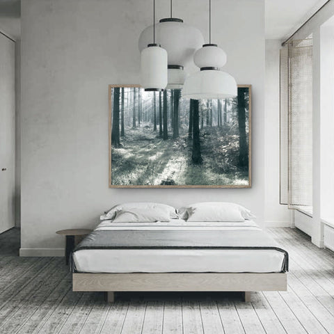  nature poster with sunshine between trees hanging over a bed 